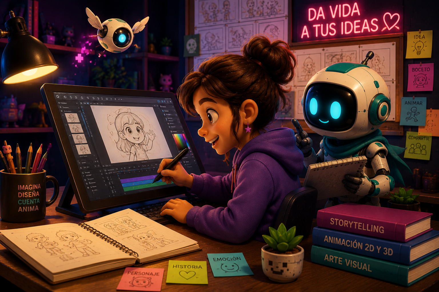 Una niña creando personajes y animaciones digitales junto a BOTI
